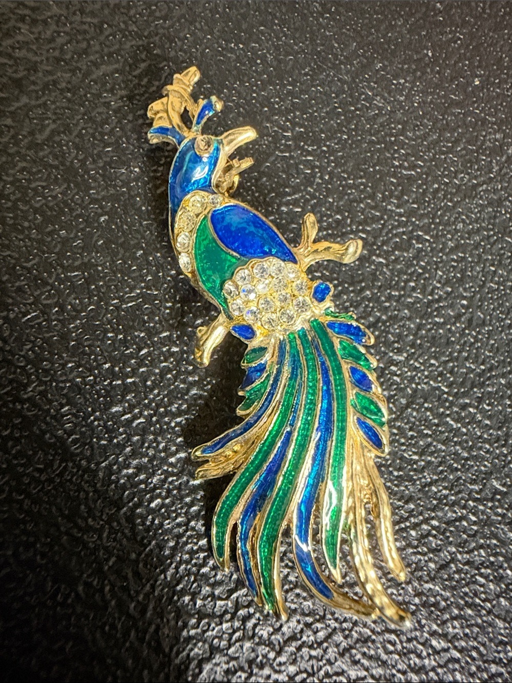 Gold-Tone Peacock Brooch with Blue & Green Enamel